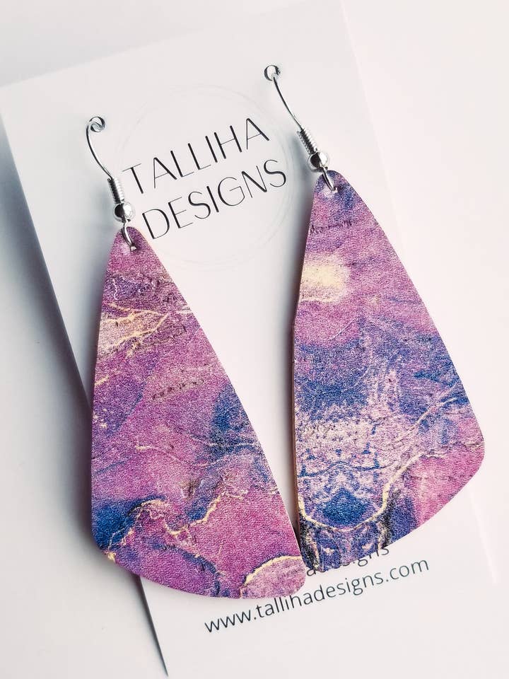 Lilac Marble Genuine Leather Backed Cork Wedge Earrings for wholesale by Talliha Designs