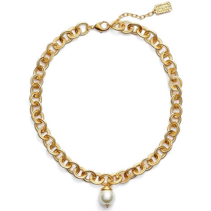 Collier ras du cou à chaîne épaisse et perles pendantes - Plaqué or 24K pour la vente par KARINE SULTAN