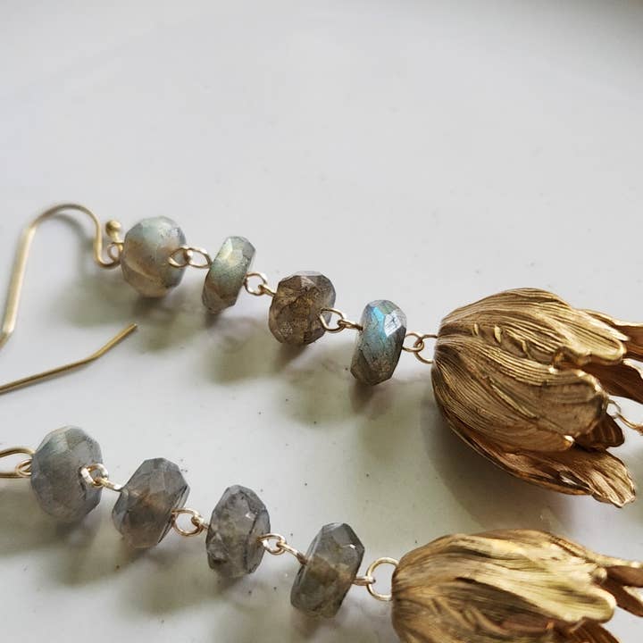 Sara Sela Jewelry - Wholesale Dangle Earrings - Faceted Labradorite and Textured Brass Tulip Dangle Earrings1