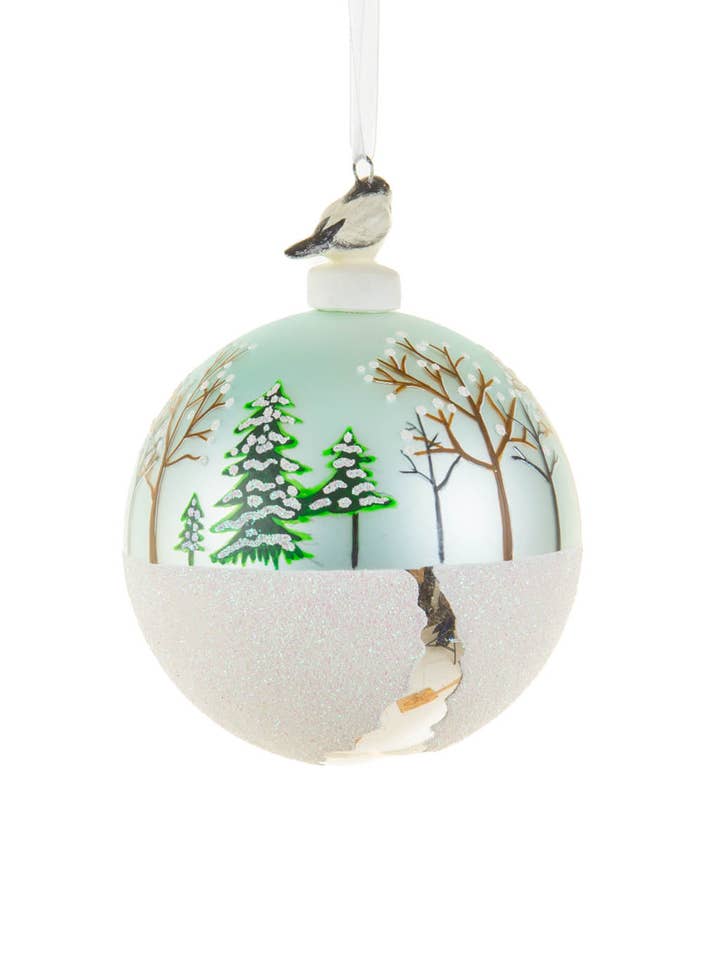 White/Light Blue Ball Ornament with Snowy Field Design for wholesale by Starlight Collection