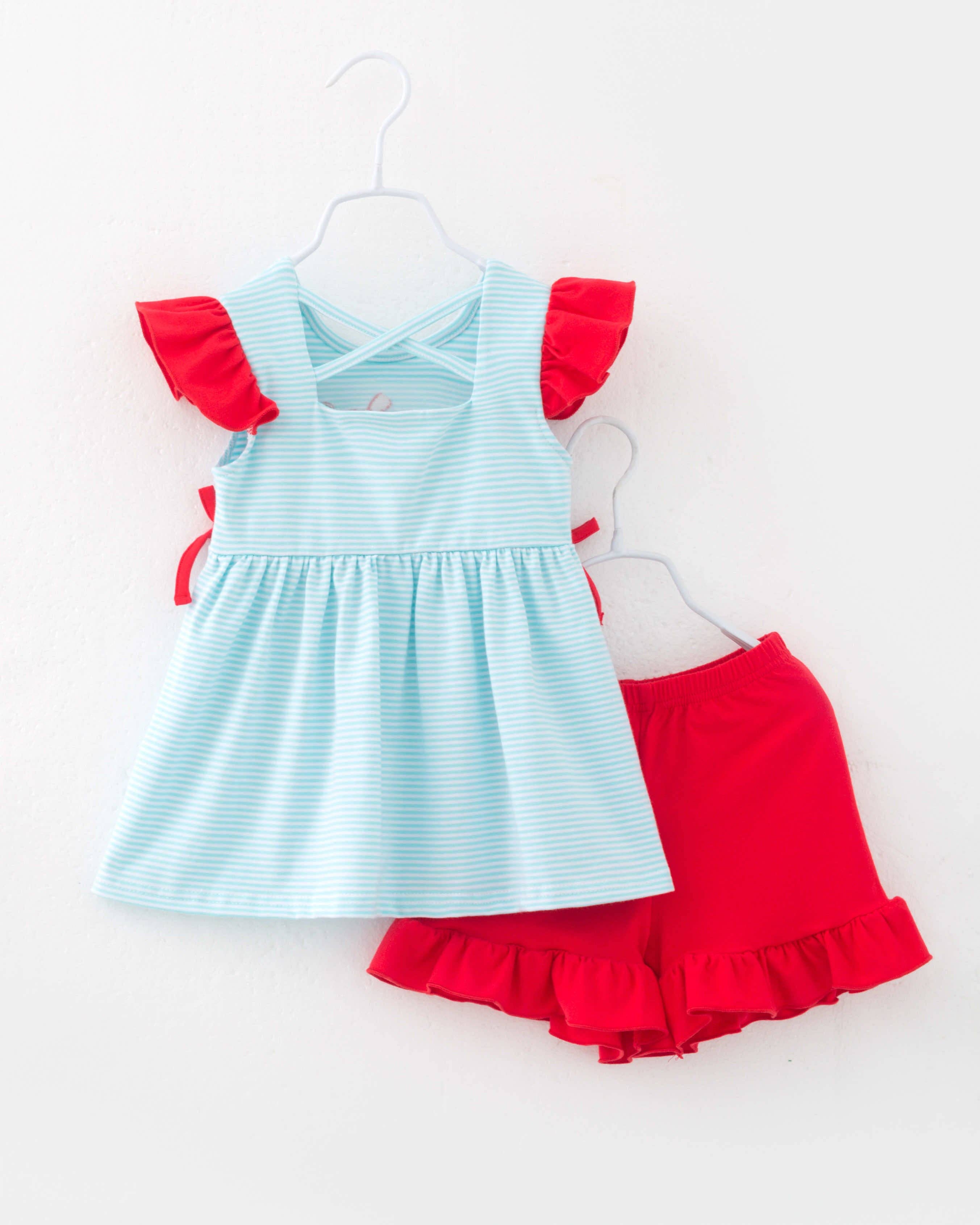 littleoneusa - Wholesale Top en short set - Kinderen - Baseball Blauw Rood Ruffle Meisjes Korte Set4