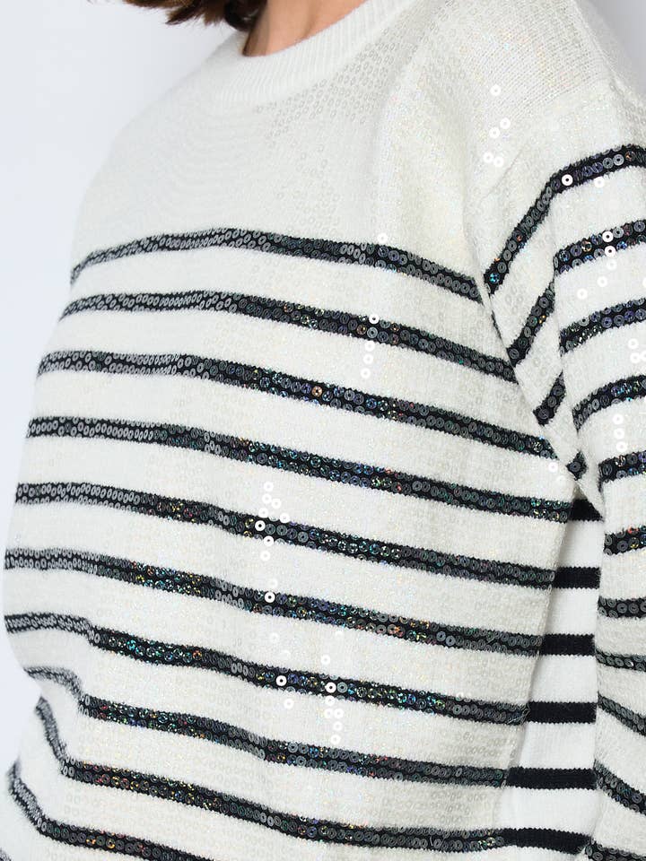 MYSTERY JANE - Wholesale Knit Sweater - Women's - SEQUIN STRIPED MARINER SWEATER
