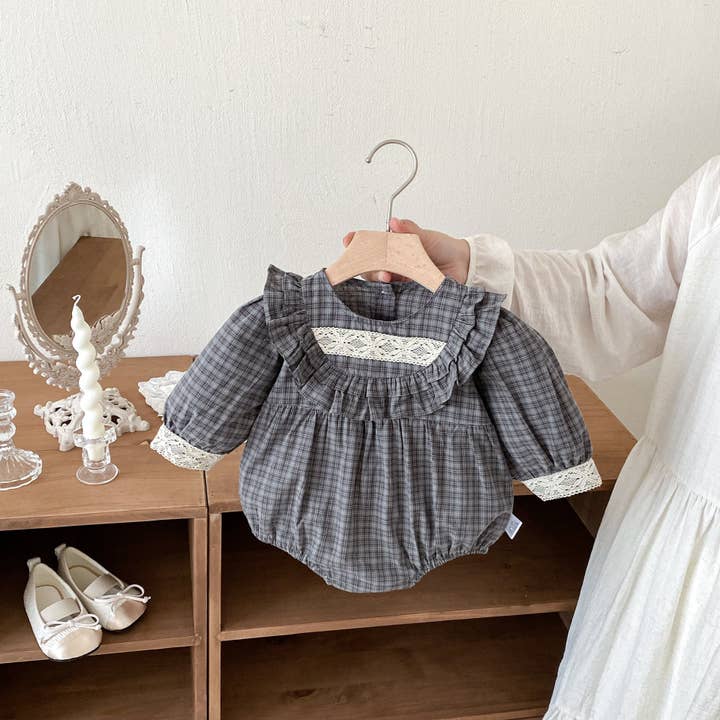 Black Autumn Arrival Baby Girls Long Sleeves Plaid Pattern Vintage Onesies for wholesale on Faire2