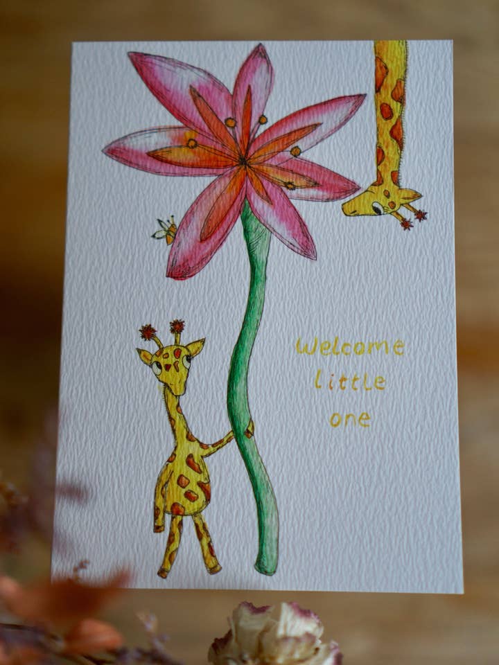 Welcome little one - giraffe flower card for wholesale by Bowlt Studios
