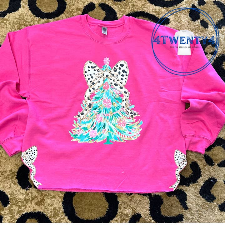4Twenty4 Printed Apparel - Wholesale Sweatshirt - Women's - Watercolor Christmas Tree with Side Coquette Bow Sweatshirt - Pink