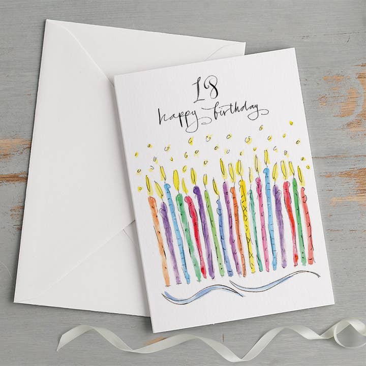 '18 Happy Birthday' Candles & Ribbon Milestone Birthday Card for wholesale by Gabrielle Solly Illustration
