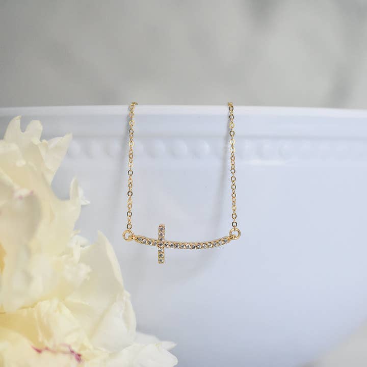 Gold Sideways Cross Necklace for wholesale by Designed by Stacey Jewelry
