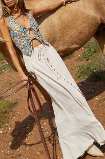 ribbon bow tie front closure Floral halter top for wholesale on Faire2