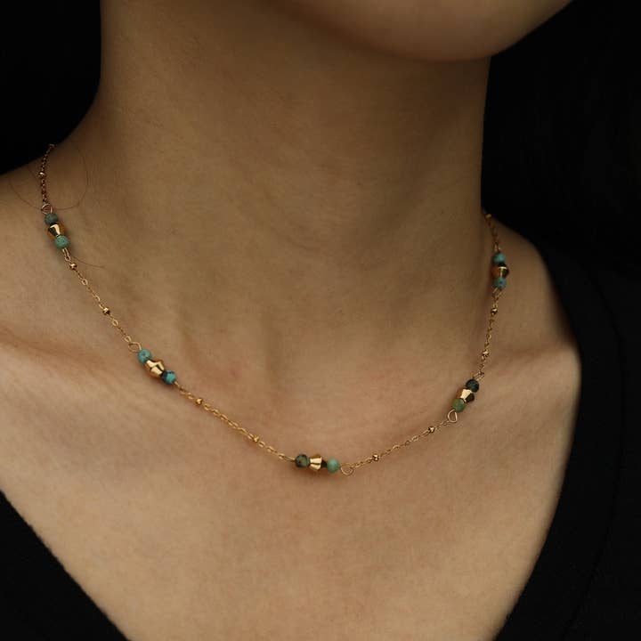 IMANI Mix Bead Dainty Gold Chain Necklace featuring Natural Stones for wholesale by HACKNEY NINE