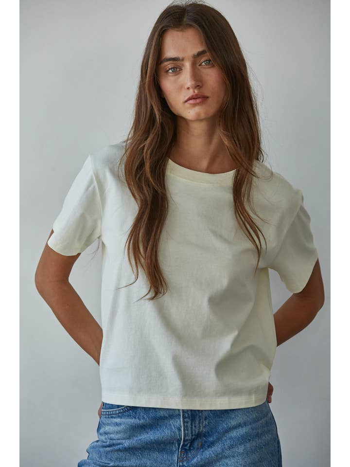 Cream L8788 | Knit Cotton Crew Neck Short Sleeve T-shirt Top for wholesale on Faire