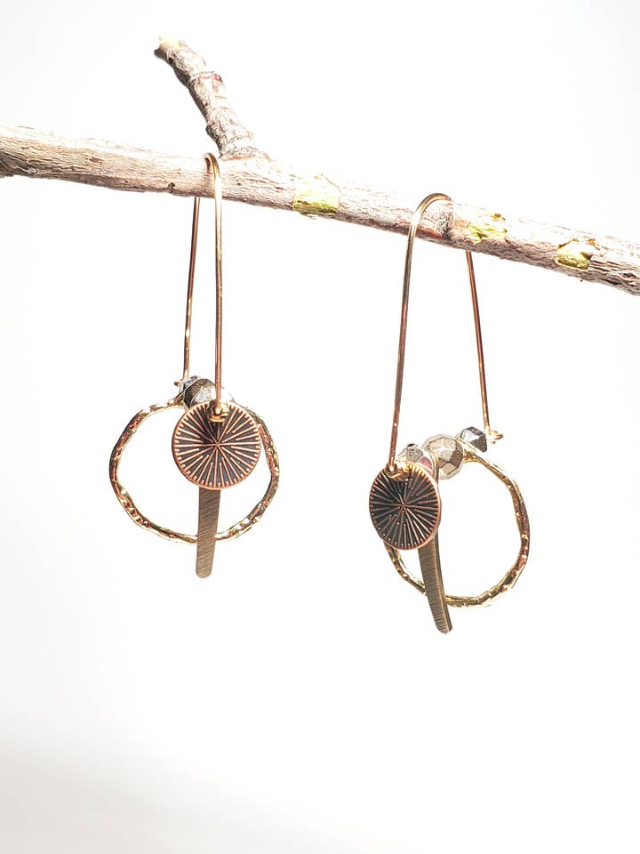 Earrings, Mixed Metal Tri-Dangles w/Hoop, Yadira for wholesale by Jezabel Adornment