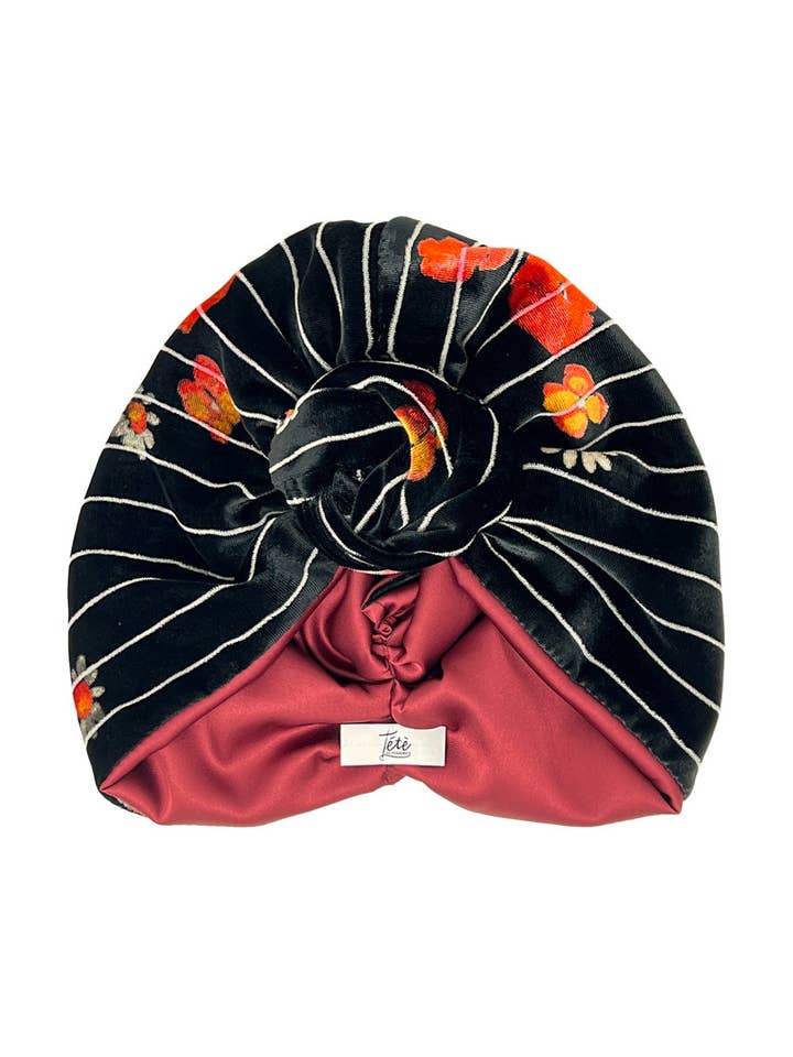 Vintage-Turban aus Seidensamt mit Streifen- und Blumenmuster für den Großhandel von Tétè Accessories