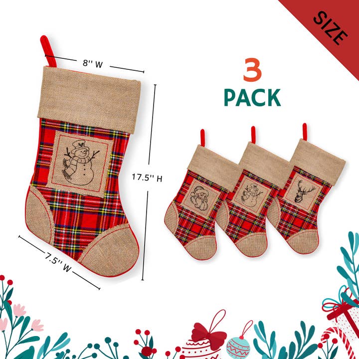 Lexi Home - Wholesale Holiday Stocking - Large Christmas Stockings - 3 Pack Plaid Burlap Stockings