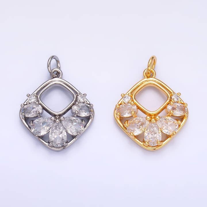 24K Gold Filled Clear CZ Geometric Open Rhombus Charm in Gold & Silver | W409 for wholesale by Aim Eternal