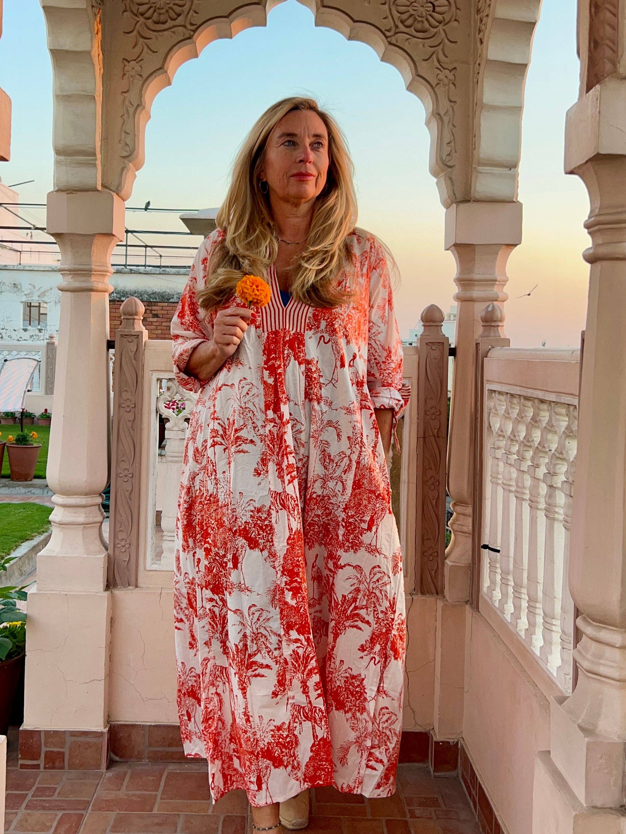 Aurobelle Ibiza - Vente Caftan – femme - Kaftan long orange Jungle Life bohème élégant3