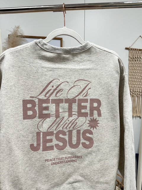 Havre Livet er bedre med Jesus grafisk sweatshirt for engroshandel på Faire4