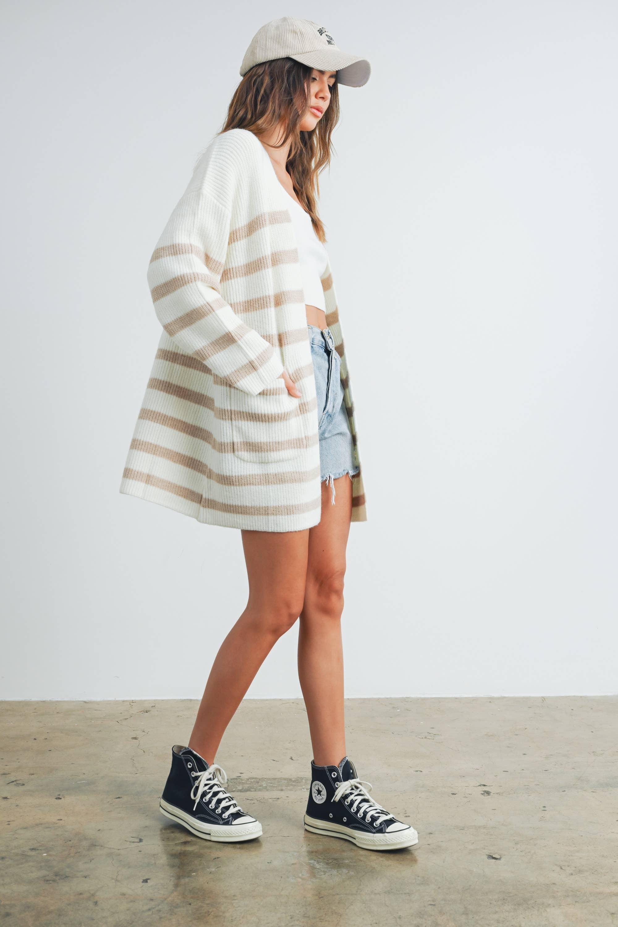 BUTTERMELON - Vente Cardigan – femme - Cardigan long à rayures tricoté - BMC731621