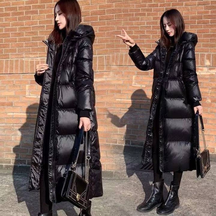 FurDecoration - Vente Manteau – femme - Manteau long en duvet de couleur unie brillante