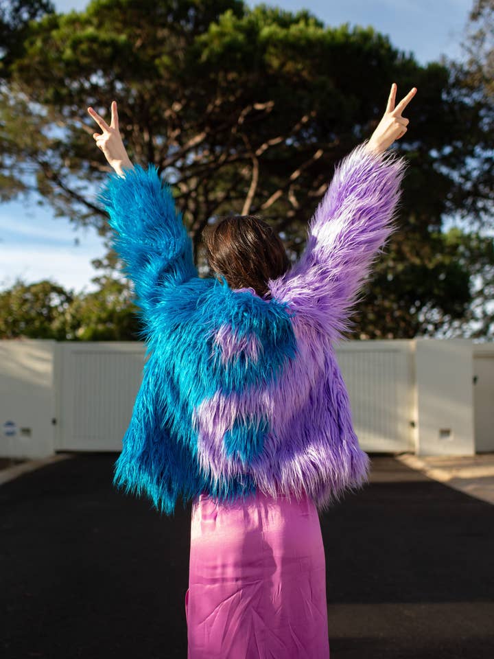 Harmony Faux Fur Yin-Yang Jacket in Aqua for wholesale by Jennafer Grace