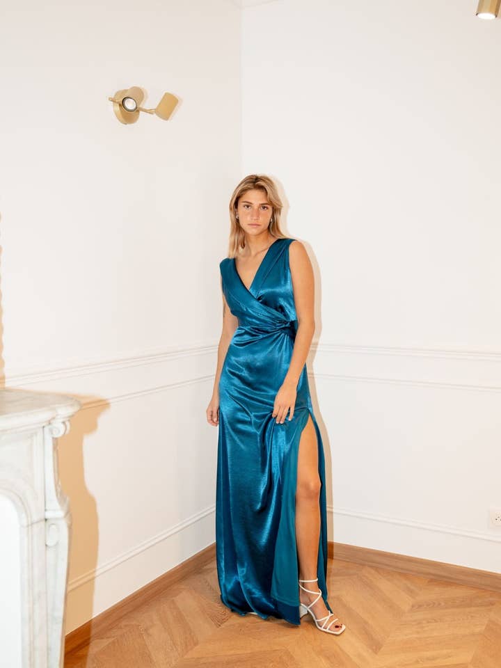 Long satin formal dress with crossover neckline 25288 for wholesale by Lucas & Emma - Sarl RJ & co