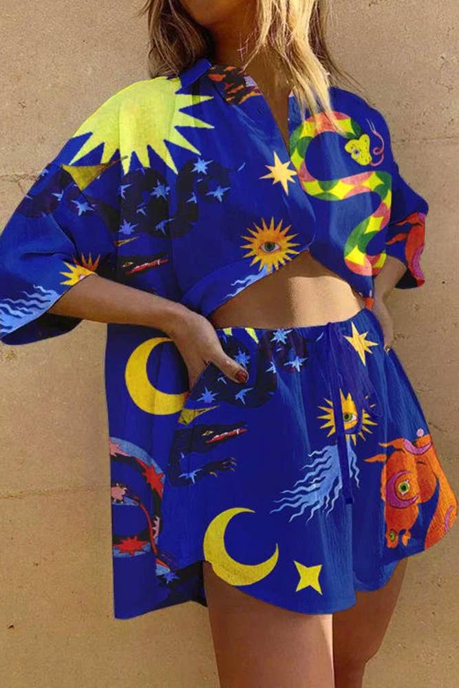 UNISHE - Vente Ensemble haut et short (PAS d'intérieur) - Femme - Ensemble d'été 2 pièces : blouse boutonnée imprimée et short2