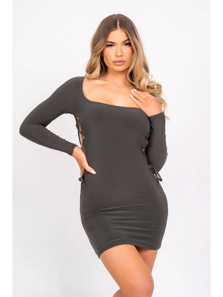 Nazz Collection Clothing Ltd - Wholesale Dress - Women's - Tie Me Down Khaki Open Lace Up Side Bodycon Seamless Mini Dress3