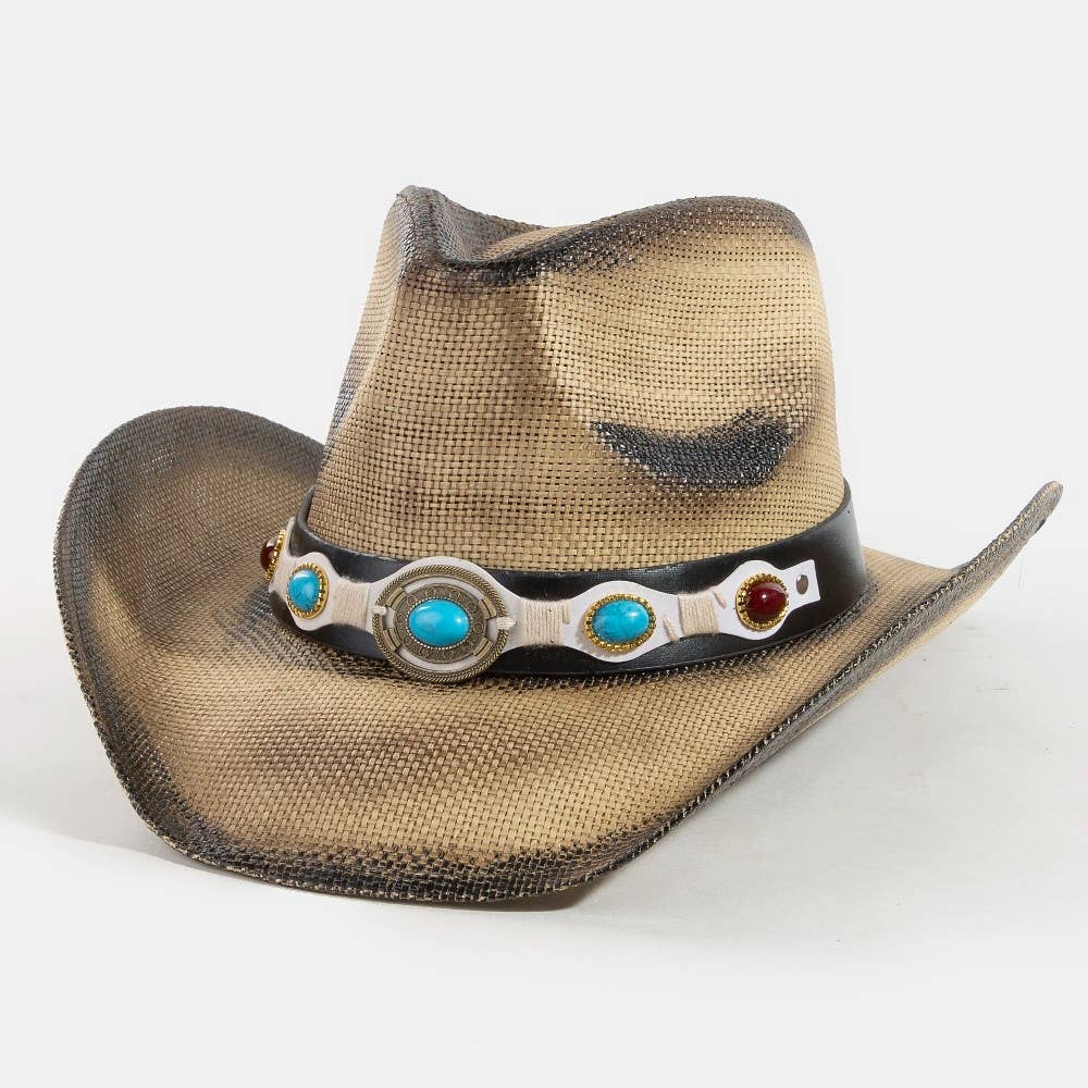 Collections by Fame Accessories – Engroshandel Cowboyhat - Dame – Vestlig turkis stenrem stråcowboyhat8