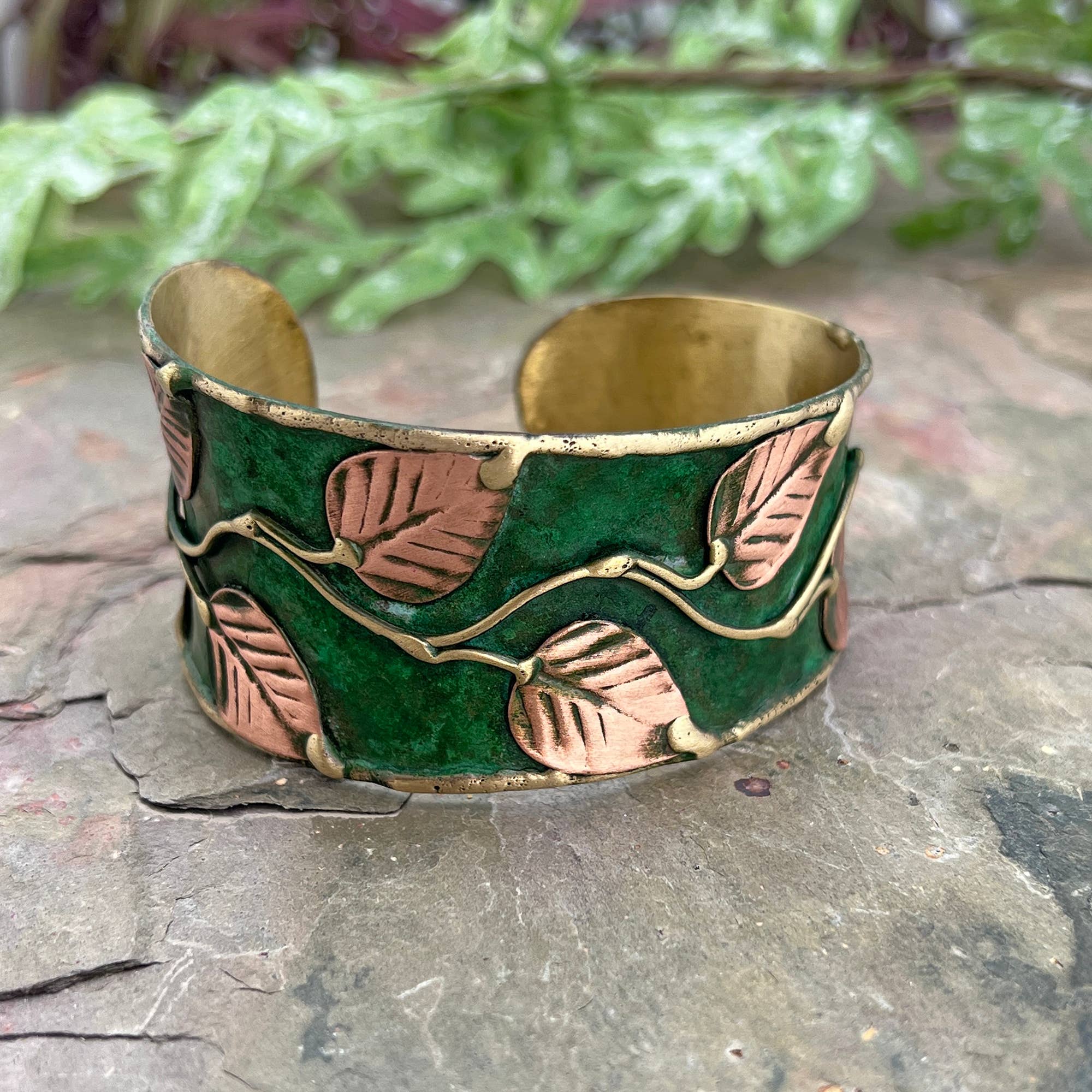 Anju Jewelry - Wholesale Cuff Bracelet - Brass Patina Cuff Bracelet - Green Leaves & Vines1