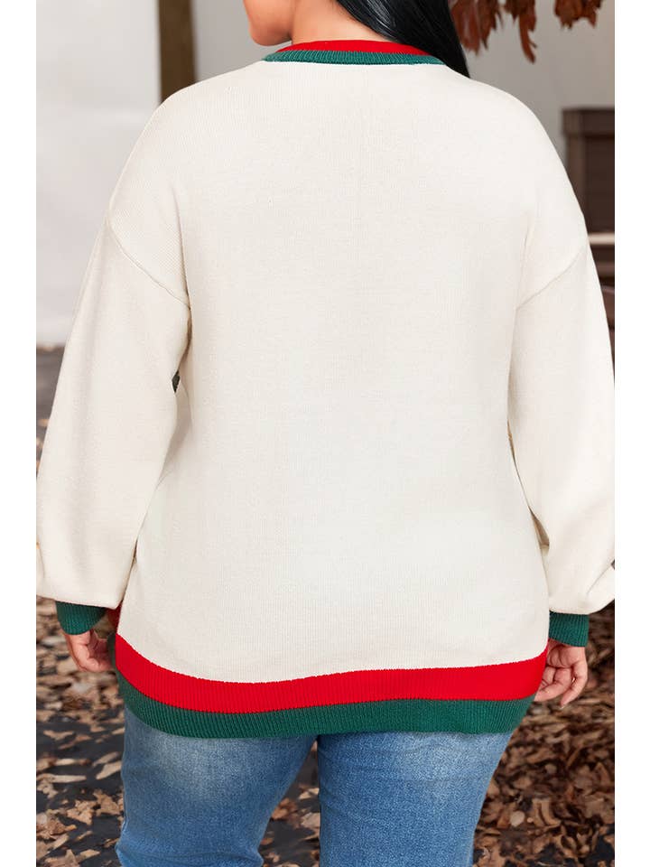 White Tinsel holly jolly Pattern Plus Size Long Sleeve Sweater for wholesale on Faire