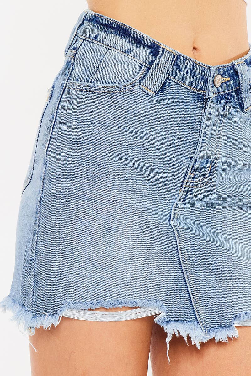 MEDIUM HIGH RISE FRAYED HEM DENIM MINI SKIRT-KC8699M for wholesale on Faire7