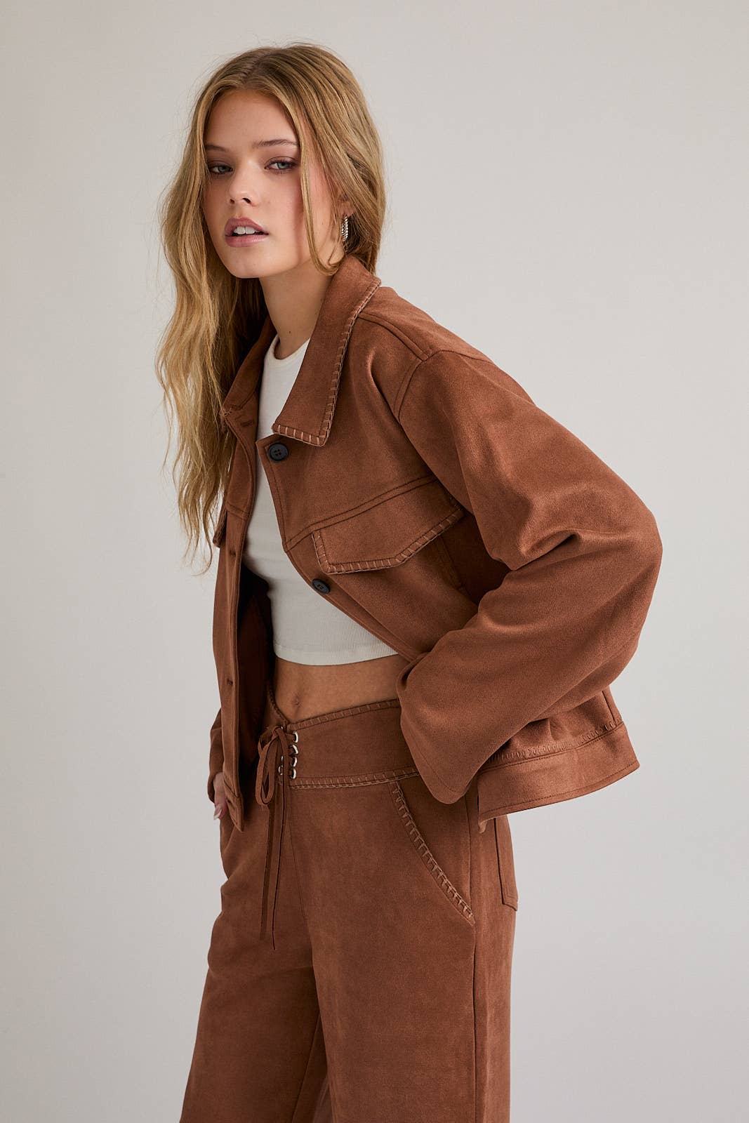 Brown BRAIDED DETAIL SUEDE JACKET for wholesale on Faire3