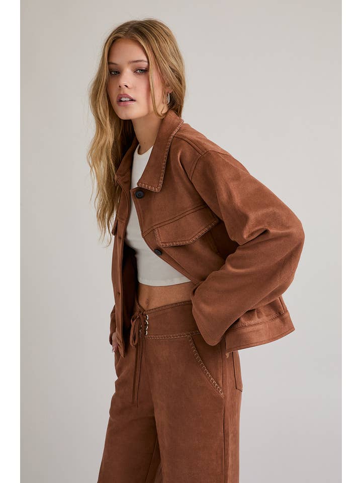Brown BRAIDED DETAIL SUEDE JACKET for wholesale on Faire3