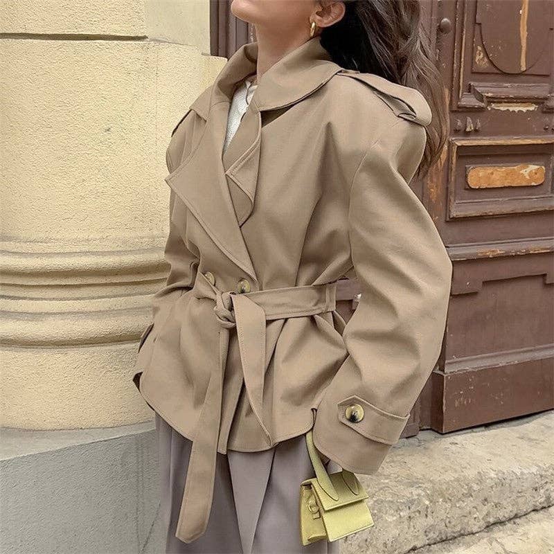 KHAKI Mid-Length Sleeve Lapel Tie-Waist Trench Coat for wholesale on Faire3