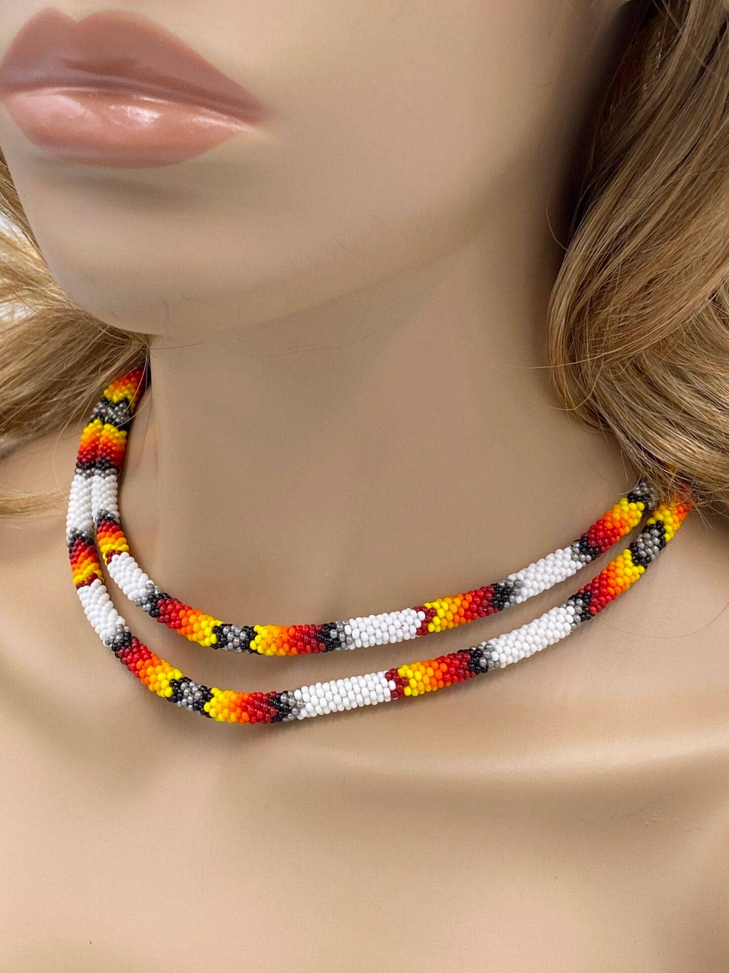 BEADS CORNER - Wholesale Woven Necklace - Native American Style Beaded Double Strand Rope Necklace - White Fire2