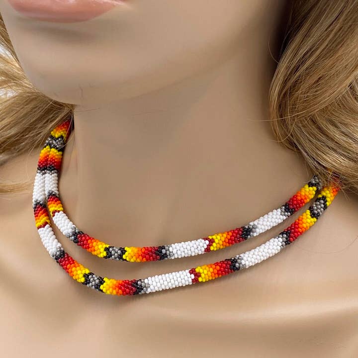 BEADS CORNER - Wholesale Woven Necklace - Native American Style Beaded Double Strand Rope Necklace - White Fire2