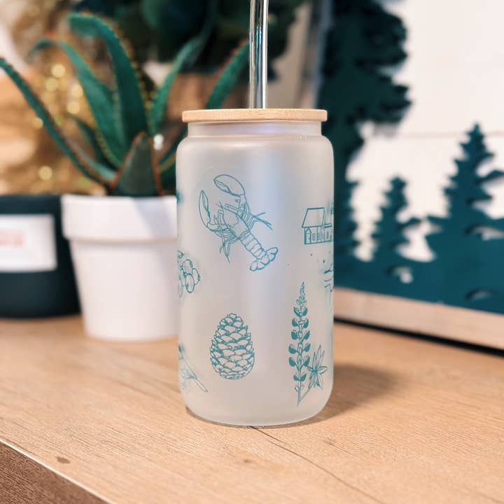 Reclaimed Maine Co. - Wholesale Drinking Glass/Cup - Best of Maine Frosted Can Glasses With Lid + Glass Straw