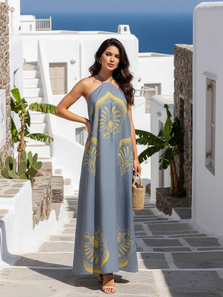 FG-450 Vestido maxi Golden Odyssey con escote halter para venta al por mayor de FAME GREECE
