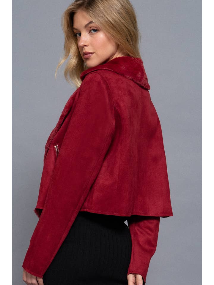 Active Basic | Active USA - Wholesale Jacket - Women's - Lapel Collar with Fur Detailed Faux Suede Biker Jacket