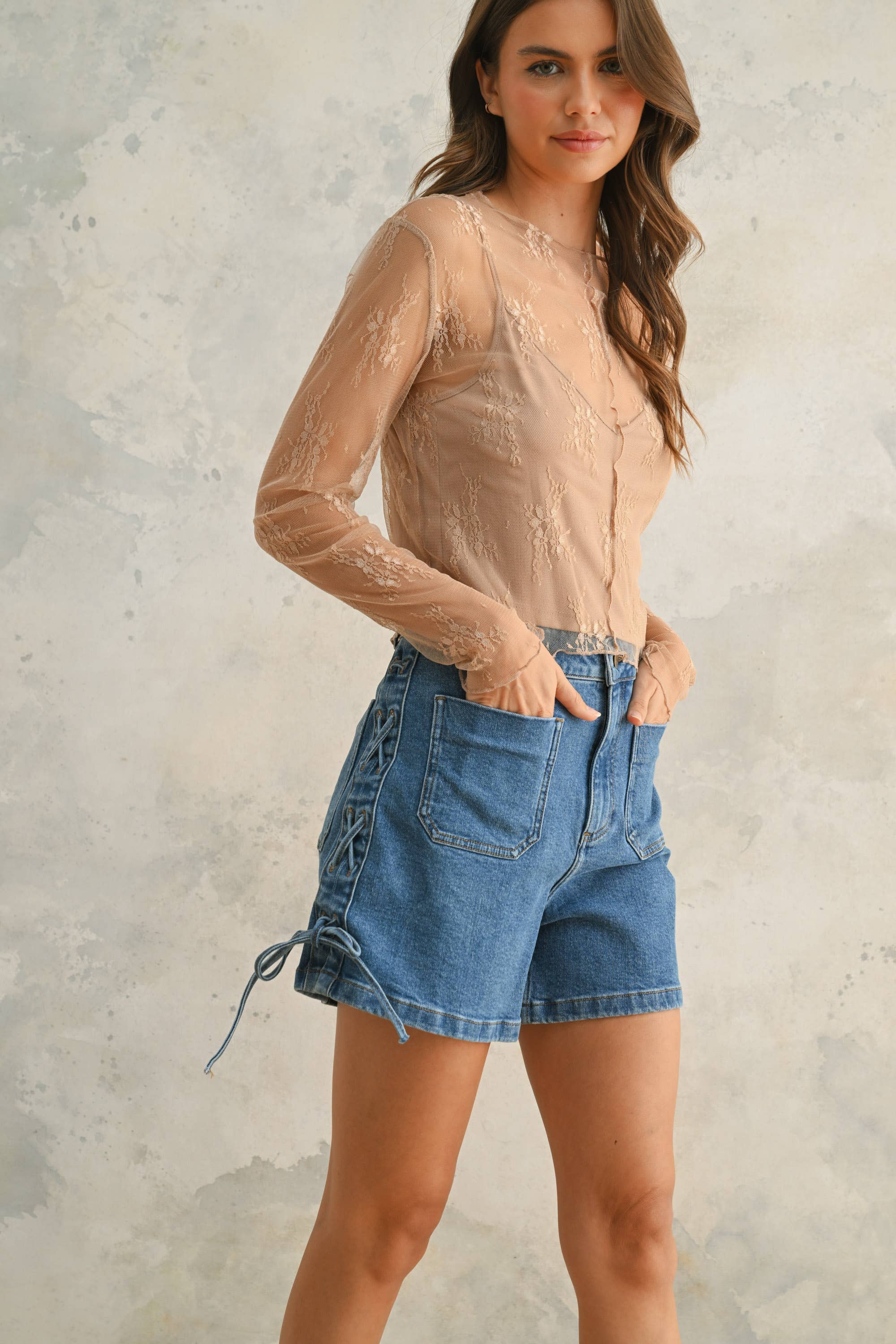 MIOU MUSE - Vente Haut en maille – femme - Haut en dentelle à manches longues avec doublure intégrée11