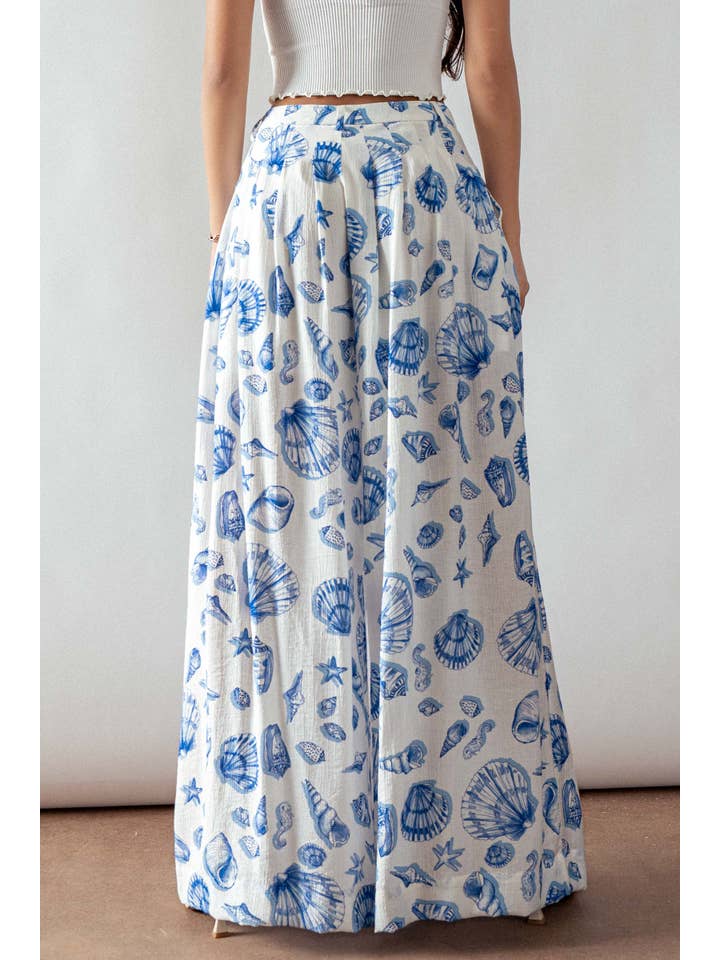 WHITE BLUE Seashell Print High-Waisted Wide-Leg Pants for wholesale on Faire