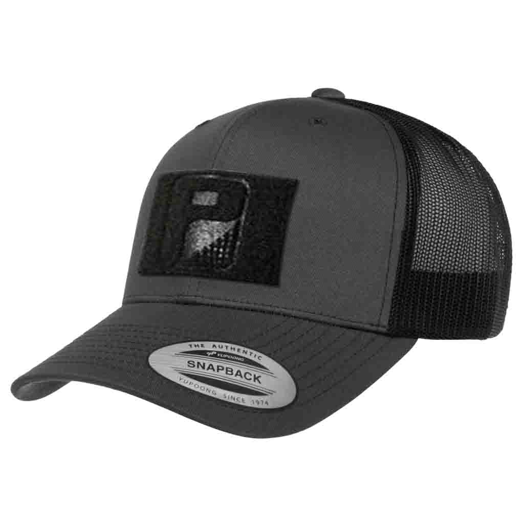 Charcoal Black Trucker Curved Bill Snapback Hat by Pull Patch (Charcoal/Black) for wholesale on Faire0