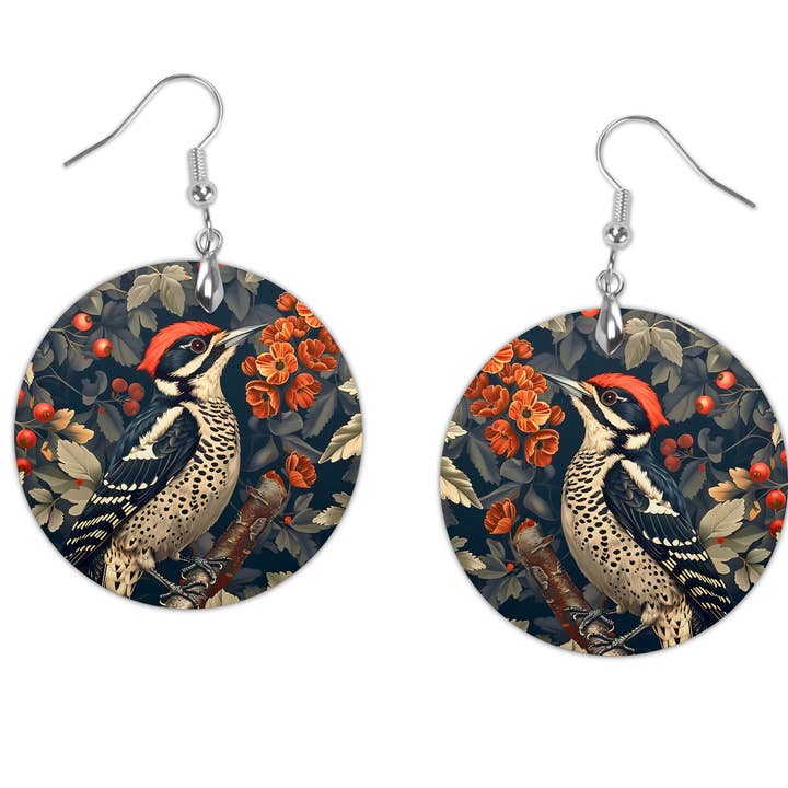 Pileated Woodpecker Bird Earrings, William Morris Museum for wholesale by Miss Crabtree
