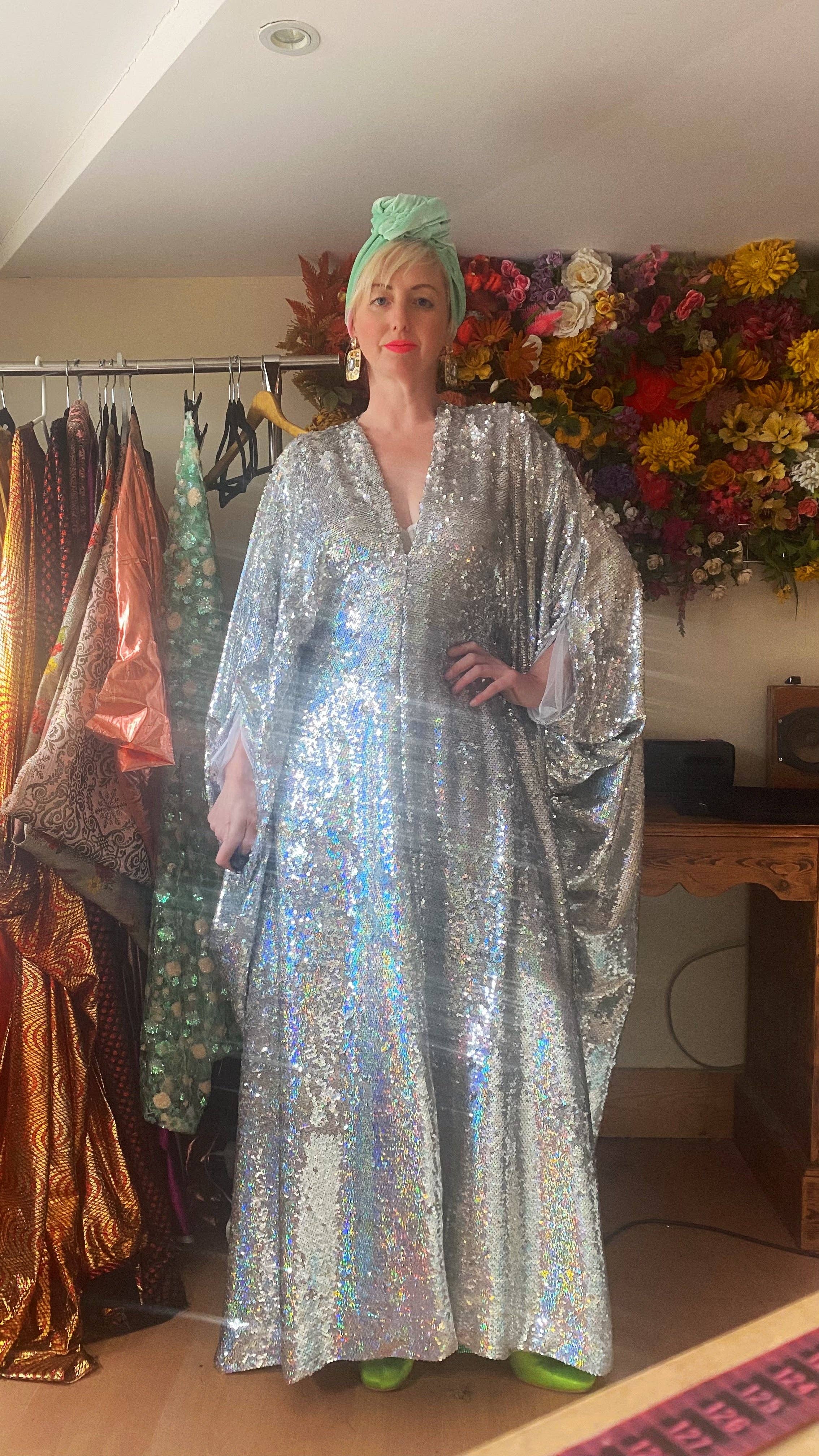 Fumbalinas – wholesale Kaftan – Women's – Silver Metallic Holographic/  Sequin Kaftan Gown / Dress55
