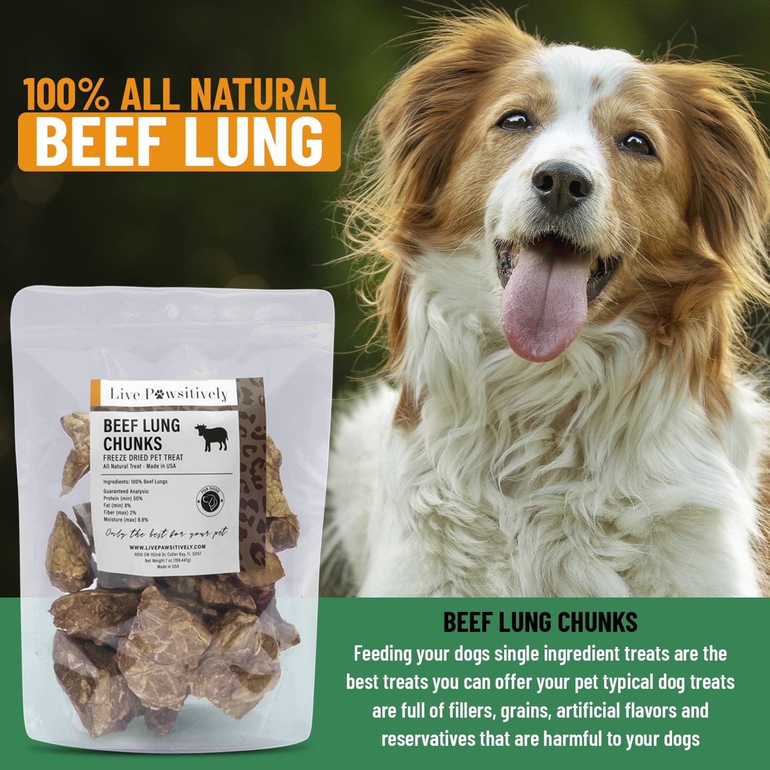 Live Pawsitive - Wholesale Pet Treats - Dog - Beef Lung Chunks 7oz package1