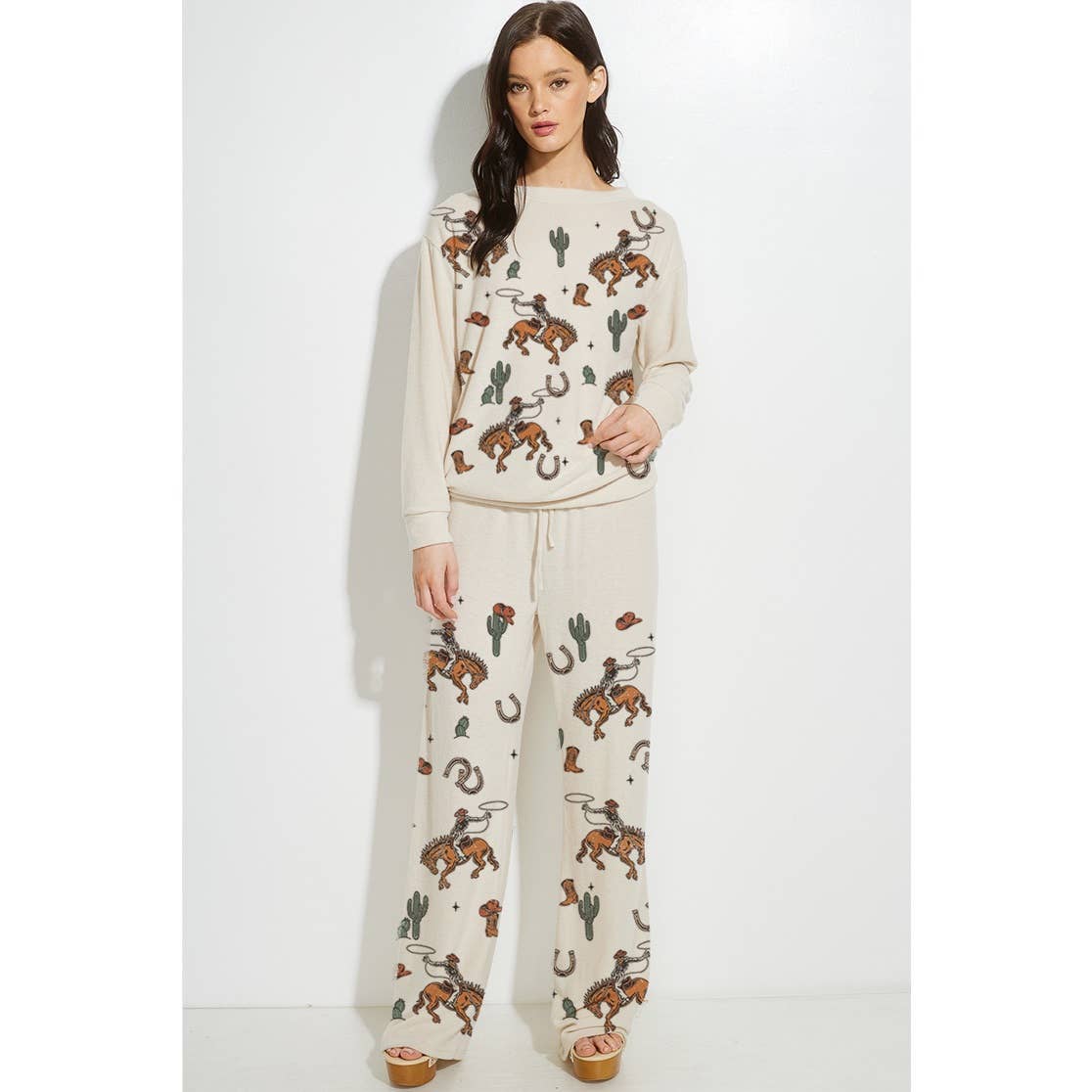 Phil Love - Wholesale Lounge Set - Women's - Cowgirl cactus print soft brushed loungewear set 15