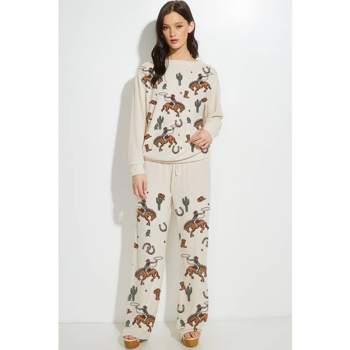 Phil Love - Wholesale Lounge Set - Women's - Cowgirl cactus print soft brushed loungewear set 15