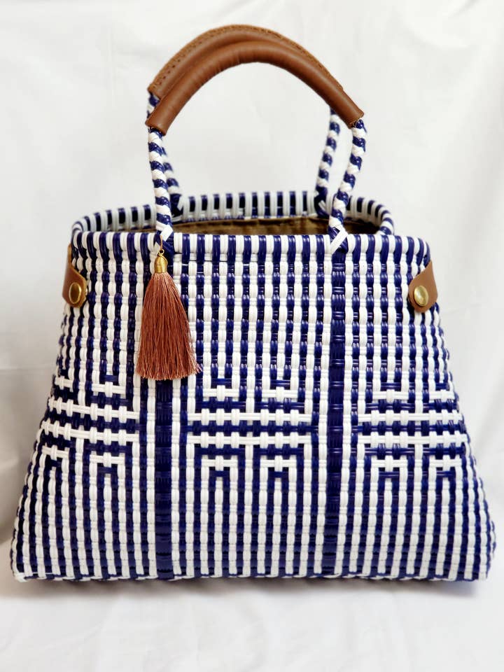 Lola Bucket Bag - Blue White with Tan Handle Double for wholesale by Coba by DKH