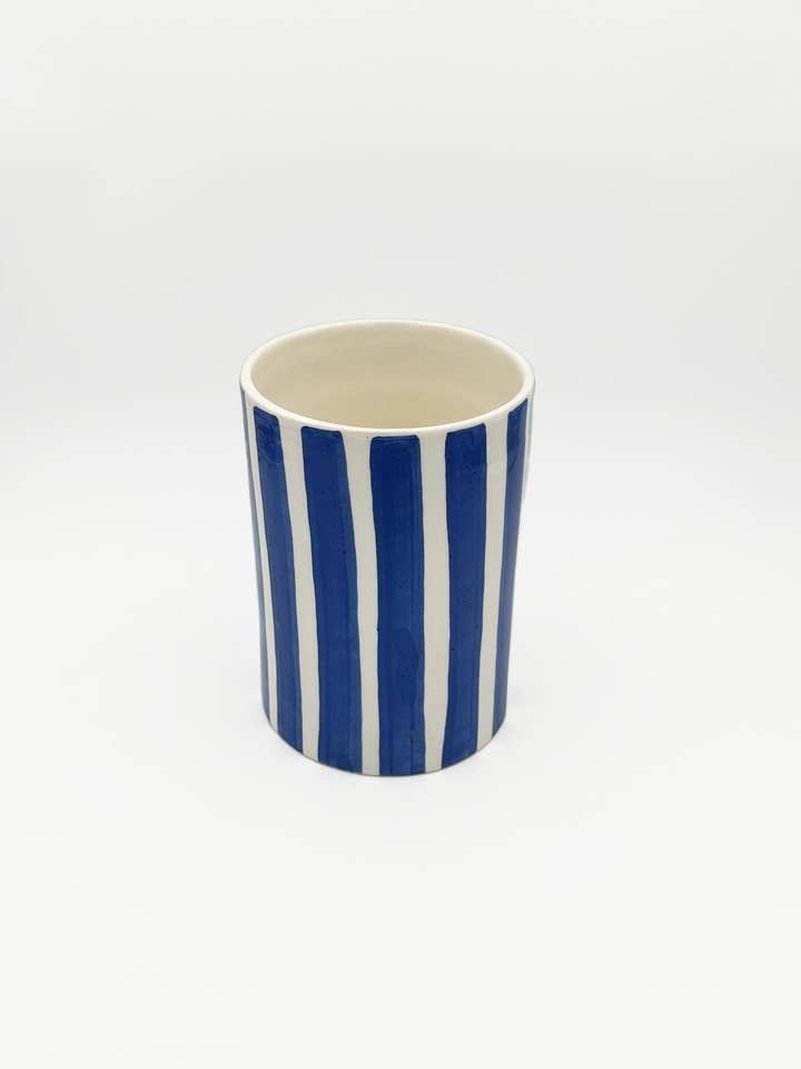 Blue striped utensil pot (Ø12.5cm, H18cm) for wholesale by Marobali