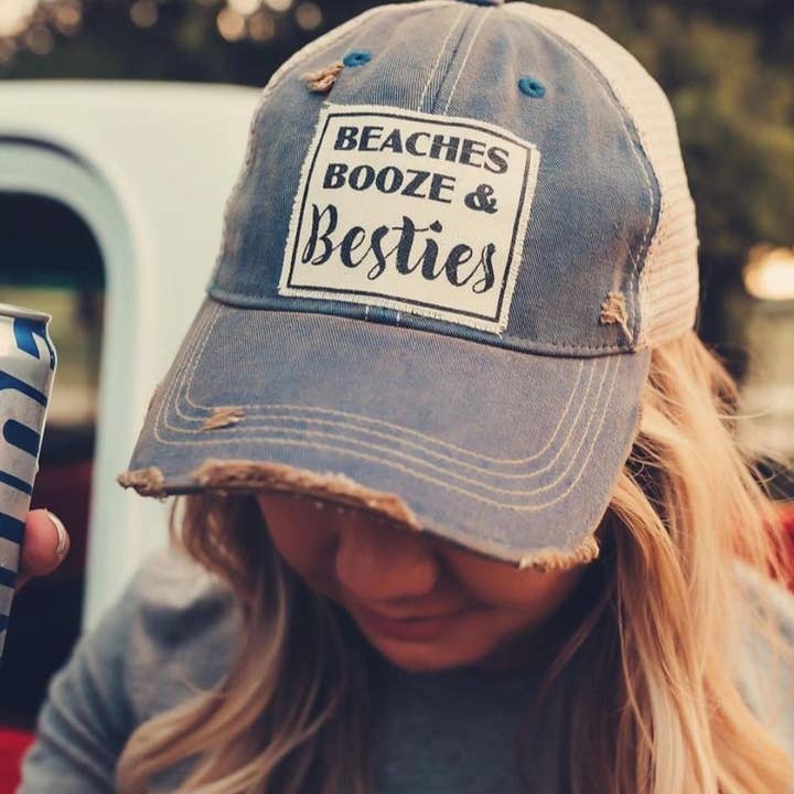 Vintage Life - Wholesale Trucker Hat - Women's - Beaches Booze & Besties Distressed Trucker Hat Baseball Cap