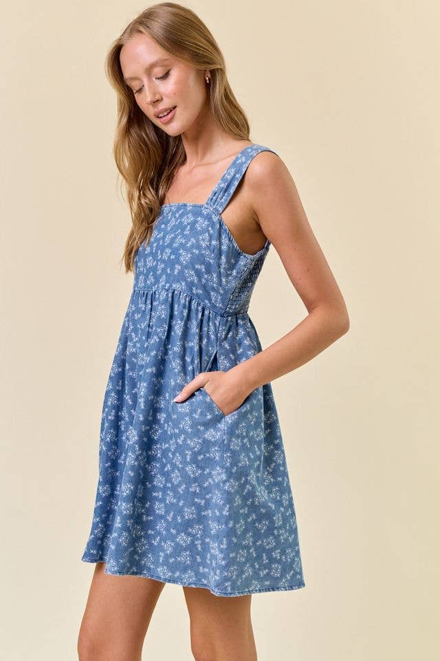 Doe and Rae - Wholesale Dress - Women's - Floral Chambray Denim Mini Dress - 27995D7
